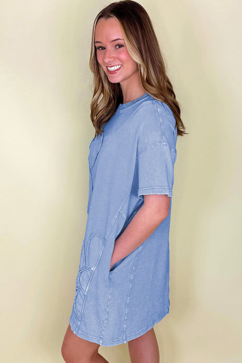 Mineral Wash Floral Applique Raw Edge Short Sleeve T Shirt Dress With Pockets